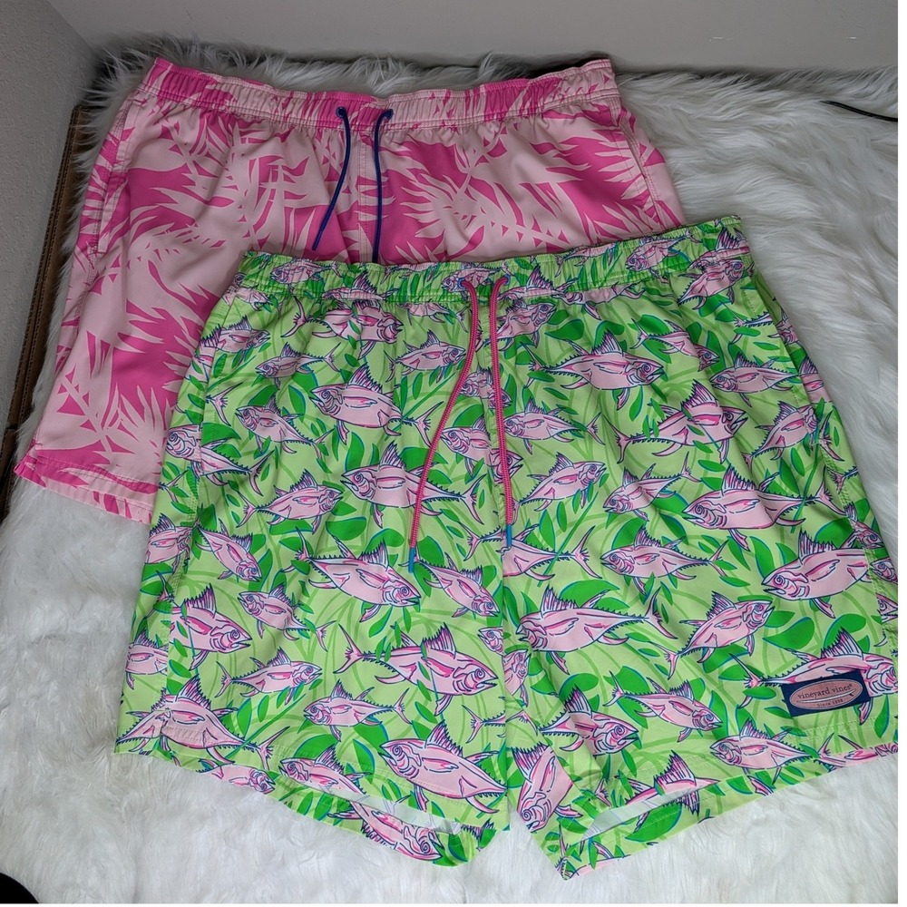 Vineyard Vines Swim Trunks Men 2XB Pink Green Palm Tuna Bundle 2pk